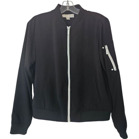 Michael Kors -916 Women's Bomber‎ Jacket Black White Zipper Athleisure XS - Picture 1 of 9